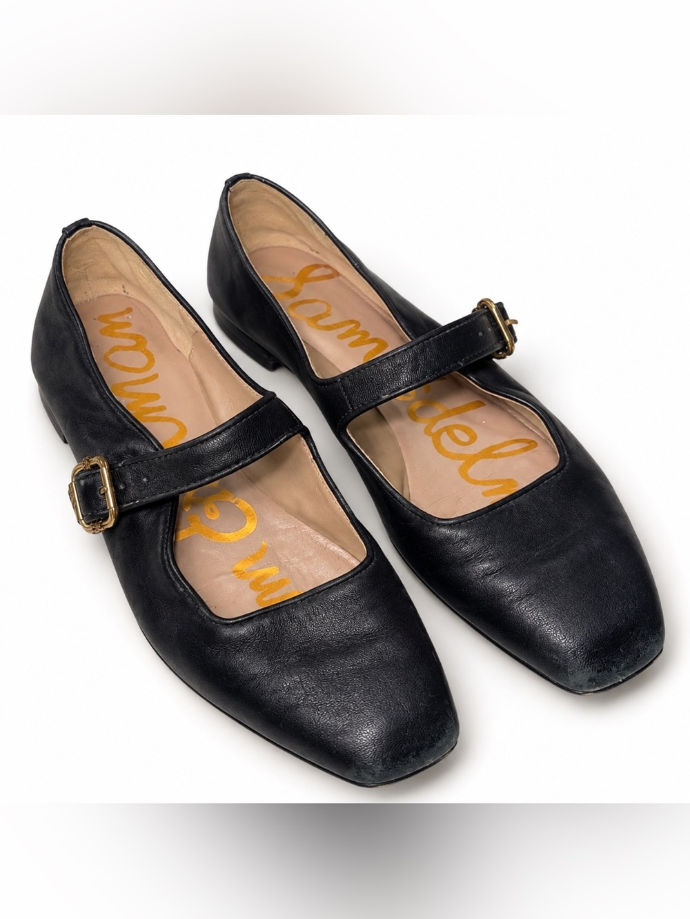 Sam Edelman Michaela Black Leather Mary Jane Flats Gold Buckle 8.5